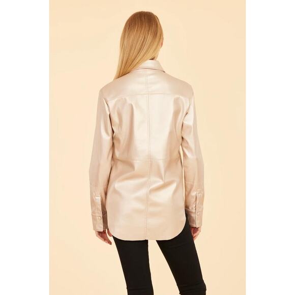 Dolce Cabo Vegan Leather Button Up Shirt 75064 Pale Metallic Gold Medium M NEW - Picture 4 of 5